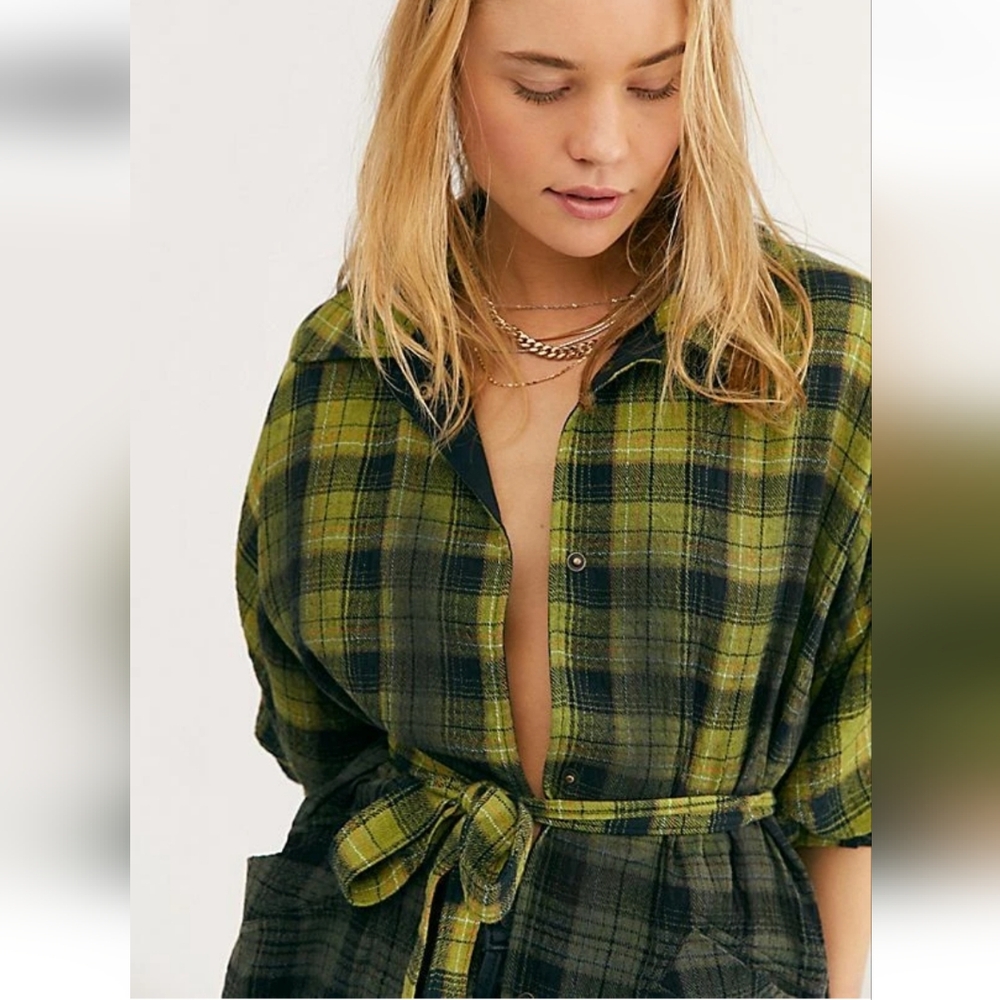 Free People Green And Flannel Oversied Tunic Top Sz M - Picture 2 of 2